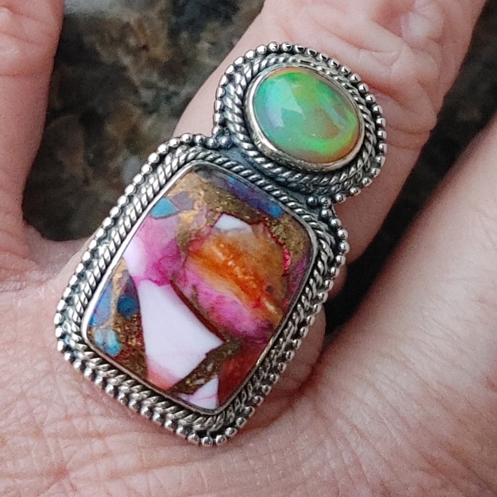 Pink Dahlia Turquoise and Opal Gemstone Ring in 925 Sterling Silver